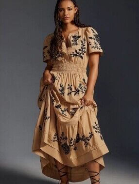 Anthropologie Somerset Tan and Black Embroidered Maxi Dress Size Small